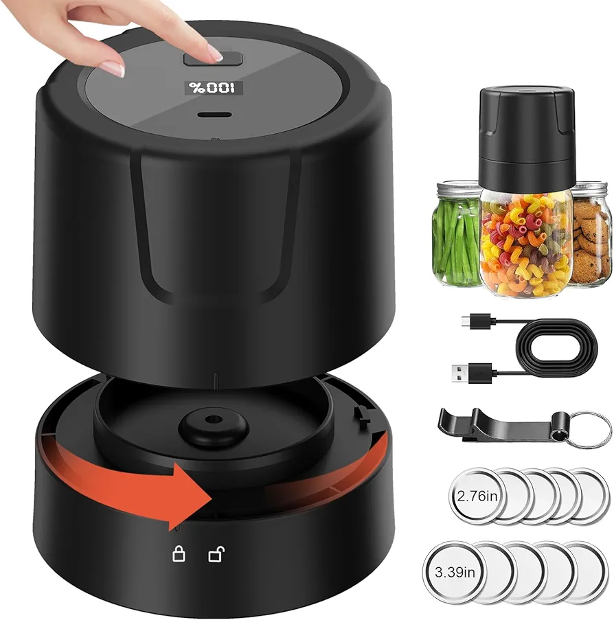 Electric Mason Jar Vacuum Sealer, Vacuum Sealer for Canning Jars Freeze Dried Food Storage, Jar Vacuum Sealing Machine with 5 Regular & 5 Wide Mouth Mason Jar Sealer Lids