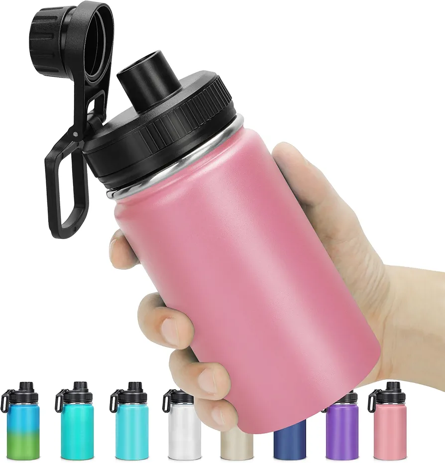 12 oz Insulated Water Bottle, Double Wall Vacuum Insulated Stainless Steel Water Bottles - Wide Mouth Leakproof BPA Free Water Bottle with Chug Lid, 18 Hours Cold and 8 Hours Hot(Pink)