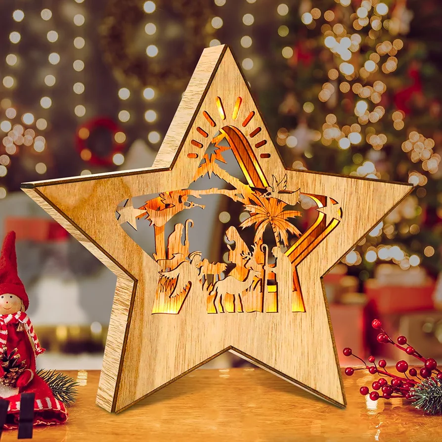 Christmas Nativity Set Ornament, 3D Wooden Star Shaped Nativity Scene LED Light, Rustic Wooden Nativity Set Ornament for Shelves Tables Fireplace Mantel Indoor Outdoor Christmas Holiday Decorations