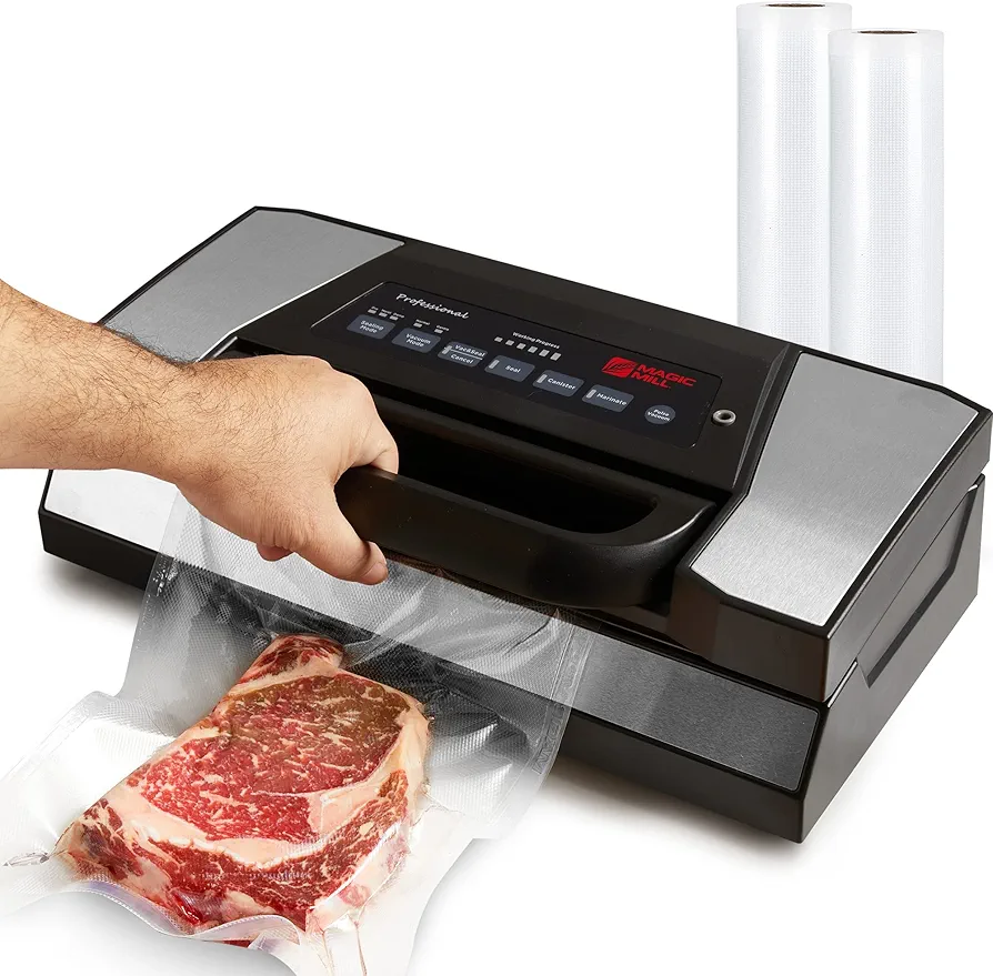 Magic Mill Professional Vacuum Sealer Machine | With Patent Easy Lock & Release Handle, Power Pro Food Preservation for Sous Vide and Food Storage, Built-In Roll and Bag Cutter For Dry, Moist and Jar