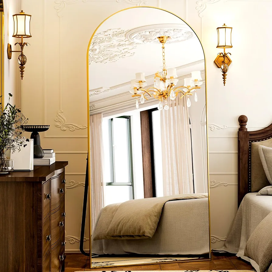 GLSLAND-38 x 77" Arched Full Length Mirror - Floor Mirrors Aluminum Alloy Frame Full Body Dressing Mirror for Bedroom, Living Room,Gold