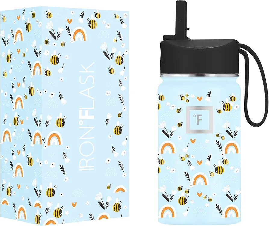 IRON °FLASK Kids Water Bottle - Straw Lid, 20 Name Stickers, Vacuum Insulated Stainless Steel, Double Walled Tumbler Travel Cup, Thermos Mug - Sweet Bees, 14 Oz