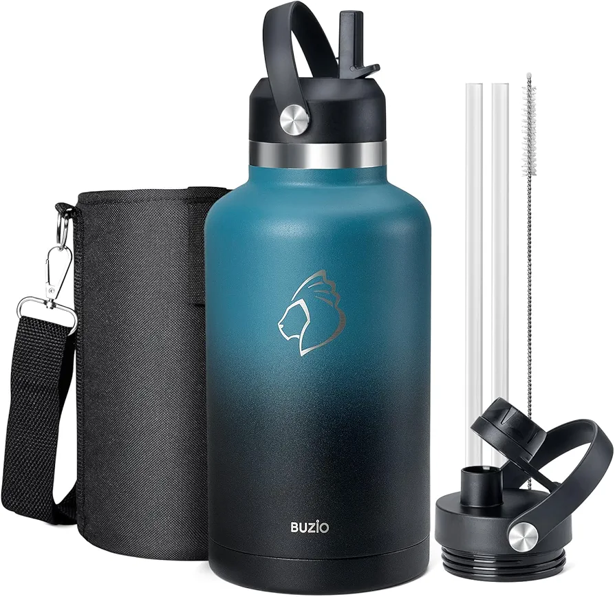 BUZIO 64oz Water Bottle Insulated, Half Gallon Stainless Steel Water Jug with Straw Lid and Carrying Pouch, Leak Proof Double Wall Thermo Water Flask Metal Canteen for Gym Sport Camping, Indigo Crush