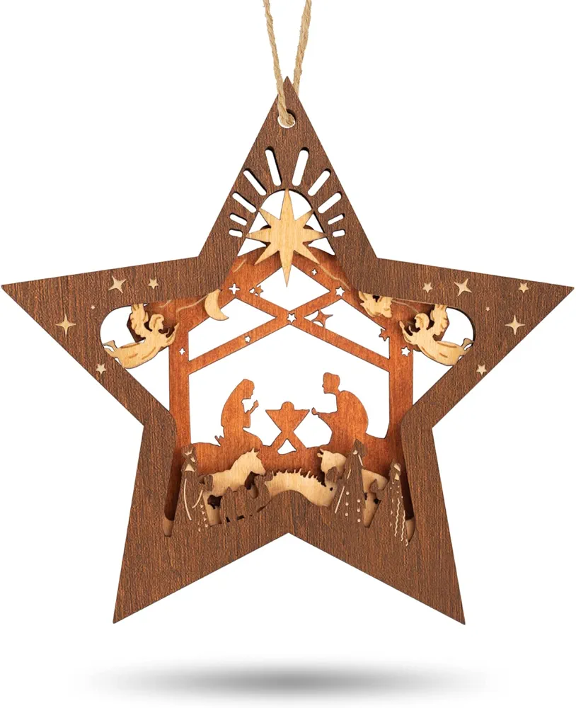 Creawoo Nativity Scene Ornaments, Christmas Wooden Hanging Ornament Star Shaped Nativity Scene Keepsake for Xmas Tree, The Birth of Jesus Decoration, Religious Gift for Family Friends and Christian
