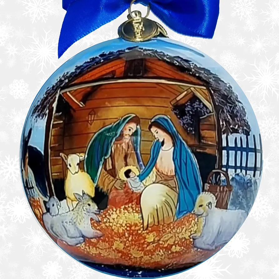 2024 Li Bien Ornaments Nativity Joy to The World Hand-Painted Christmas Ornaments, Handmade 3.25 inch Glass Ornament.