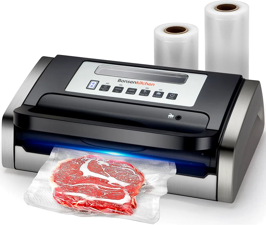 Bonsenkitchen Vacuum Sealer Machine, Globefish Technology for Perfect Vacuum Sealing, Powerful Low-Noise Food Vacuum Sealer with Easy Handle Design, Built-in Cutter and Bag Storage, 2 Bag Rolls