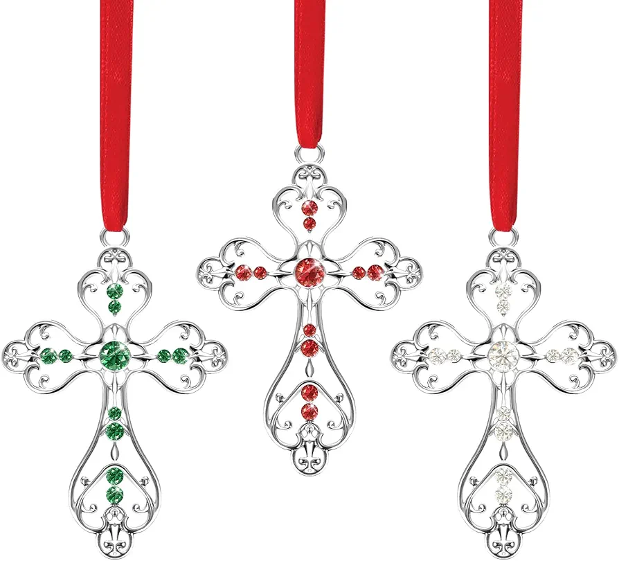 Christmas Christian Cross Ornaments for Christmas Tree Hanging Decorations 2024, Metal Religious Christian Gifts for Women, Men (3PCS Bulk)