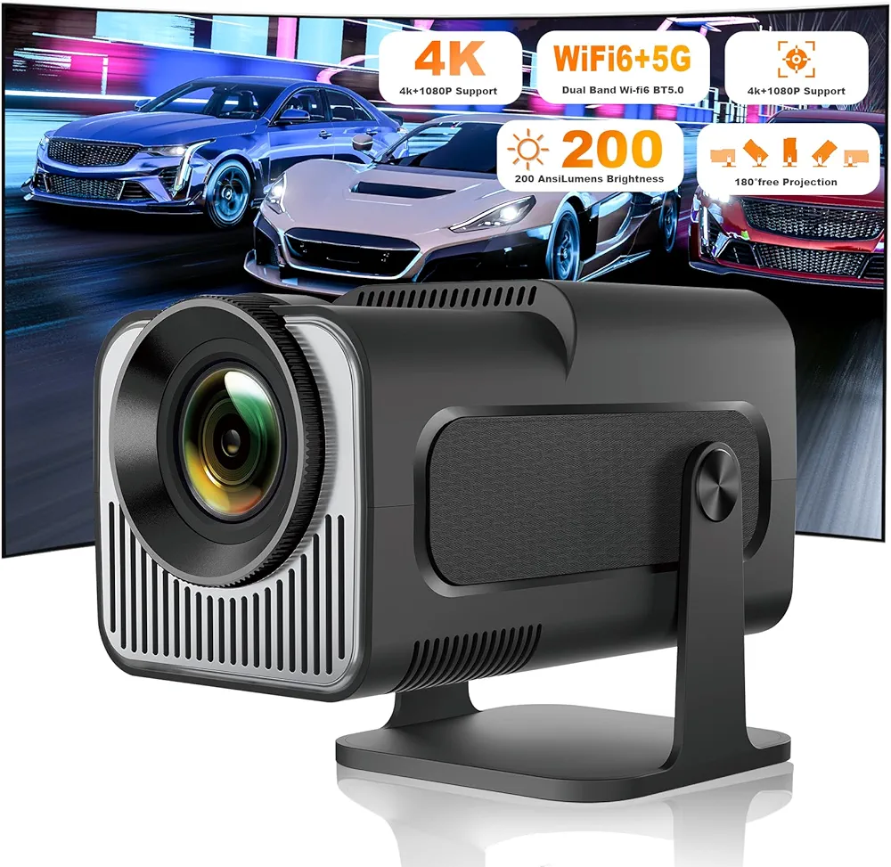 Ear&Ear Mini Projector, HY320 Portable Projector, Support 4K 1080P with Dual-Band WIFI6 5G Wireless 5.0 Bluetooth Android 11, 180° Rotatable, Auto Keystone Correction, 40"-130" Screen Video Projector