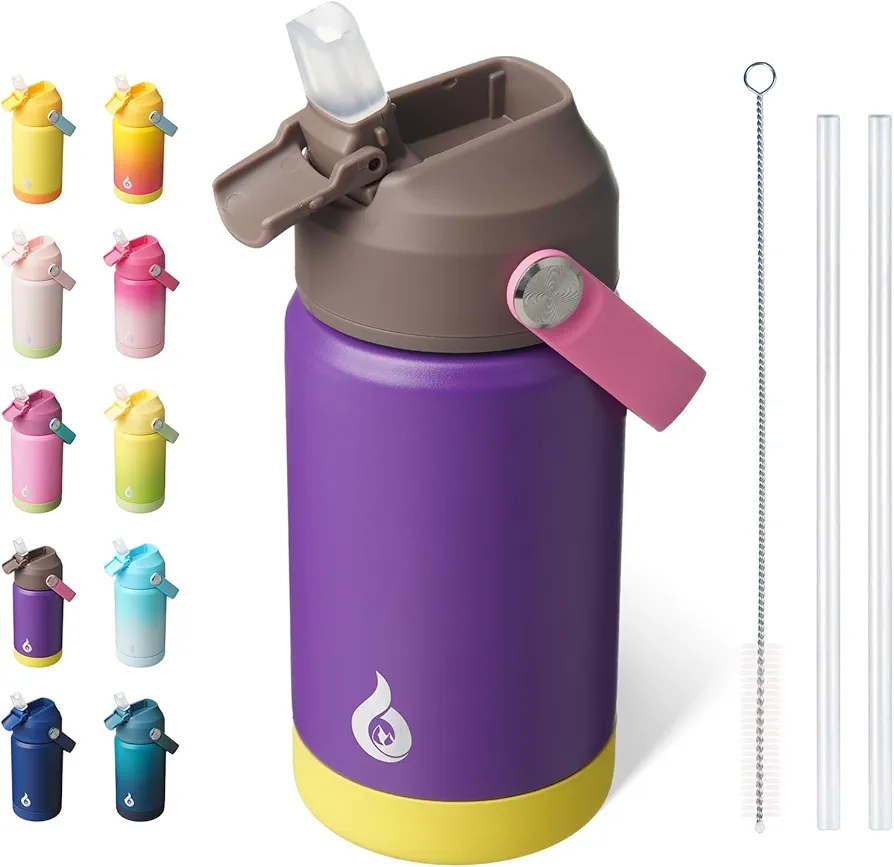 BJPKPK Insulated Water Bottle with Straw Lid, 12oz Thermos Water Bottles with Soft Nozzle, Flex Handle & Non-slip Boot, BPA Free Leak Proof Stainless Steel Metal Water Bottles, Tumblers, Cups,Violet