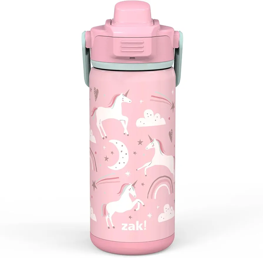 zak! Beacon Insulated Bottle, Unicorn - 14 oz - Durable Stainless Steel - Double-Wall Vacuum Insulation, Silicone Spout & Push-Button, Leak-Proof Lid - Dishwasher Safe