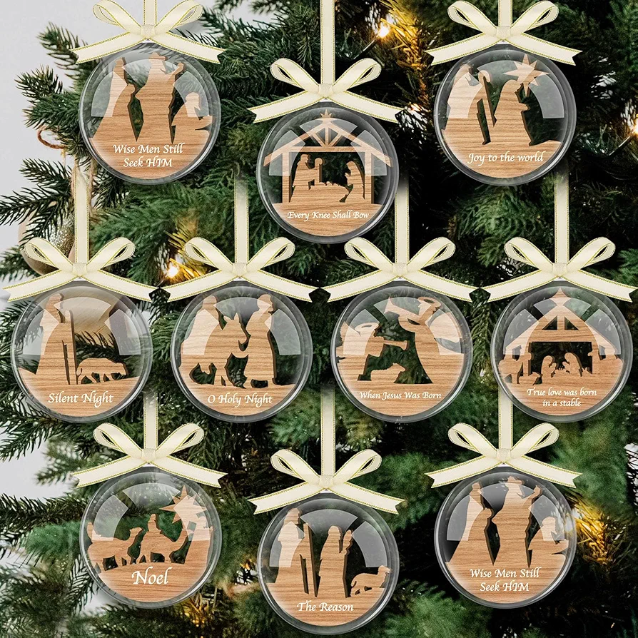 10pcs Clear Fillable Ornaments Balls Farmhouse Rustic Hanging Decorations Christmas Plastic Balls with Wooden Hanging Decorations for Tree Christmas Crafts Party(Wood Color,Jesus Nativity)