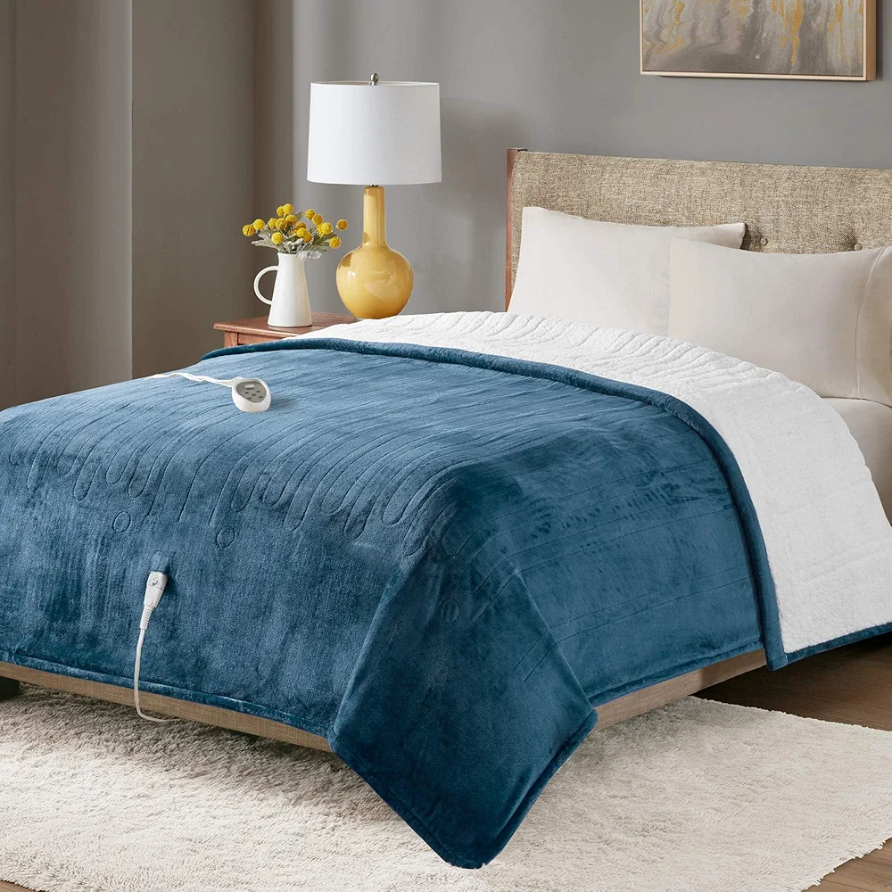 Degrees of Comfort Fuzzy Sherpa Plush Heated Blanket, Full Size Bed Electric Blankets with 20 Heat Settings Controller | 1-10 Hour Auto Shut Off |Washable, 72" X 84" Blue