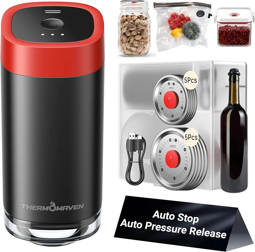 Electric Mason Jar Vacuum Sealer Kit with Auto Stop & Pressure Release, Fits Wide & Regular Mouth Lids, Built-in Date Record & Leak Indicator, Food Saver Sealer for Canning, Black & Red