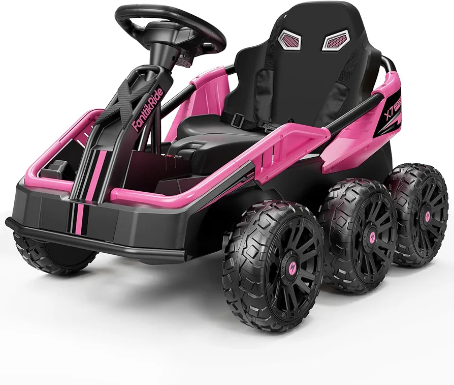 FanttikRide X7 Pro 6x6 24V Ride on Toys for Big Kids, Six Eva Wheels UTV, 4x75W 5.9MPH Powerful Electric Car, 4WD/2WD Switch, Parent Remote, Four Shock Absorbers, for Ages Three and Up, Pink