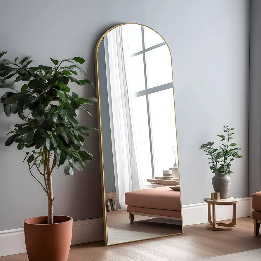 NeuType Arched Full Length Mirror 65"x22" Full Body Mirror Polymer Thin Frame Hanging or Leaning Against Wall Oversized Large Bedroom Mirror Floor Mirror Dressing Mirror with Stand Natural