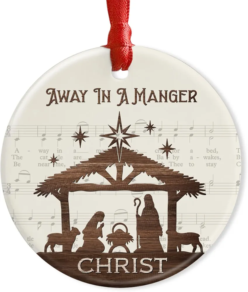 Nativity Music Sheet Ornament - Christmas Ceramic Ornament - Religious Nativity Gift - Away in a Manger Ornaments of Jesus Christ