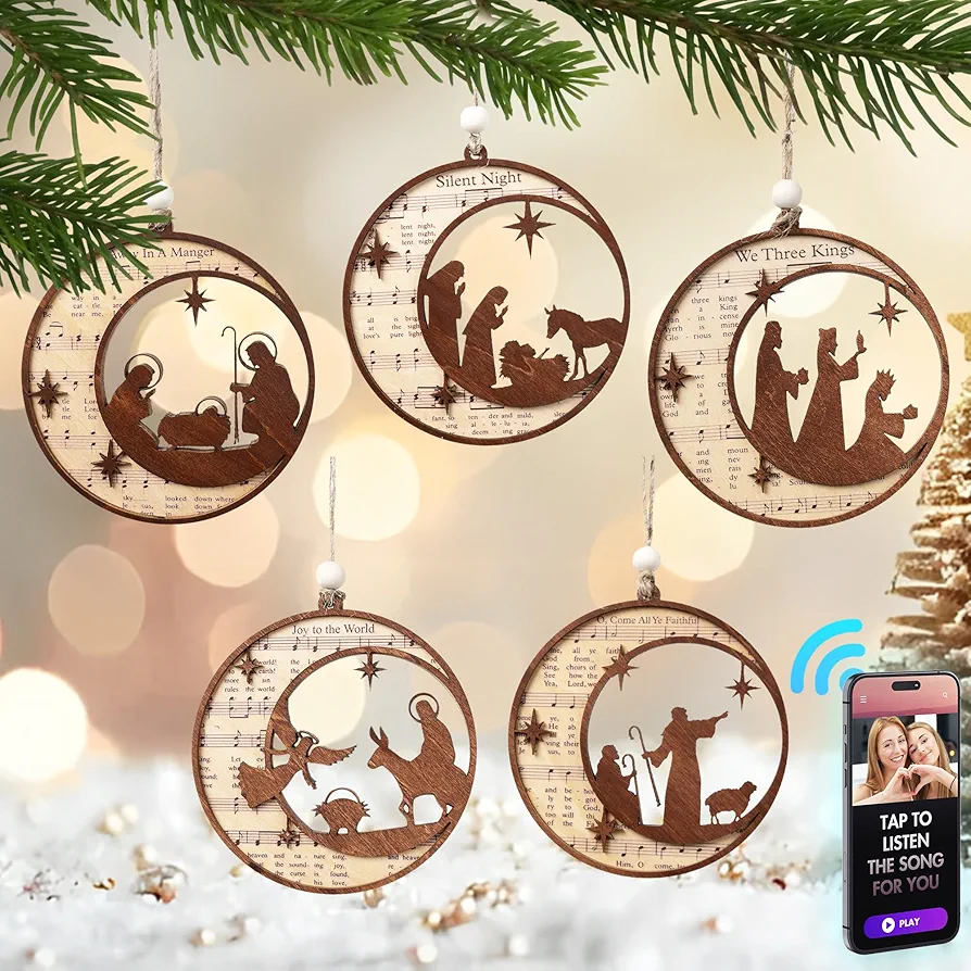 Pack of 5 Audio NFC Wooden Music Sheet Nativity Ornaments Bulk, Nativity Ornaments for Christmas Tree, Christian Ornaments for Christmas Tree, Religious Christmas Ornaments, Nativity Scene Ornaments