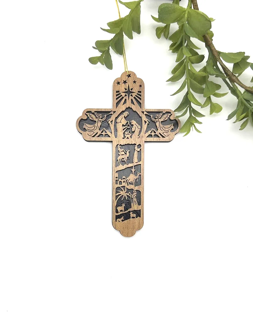 Nativity Scene Christmas Ornaments, Olive Wood Cross Ornament from the Holy Land, Christmas Wooden Hanging Ornament for Christmas Decoration, Nativity Gifts (One Cross Ornament)