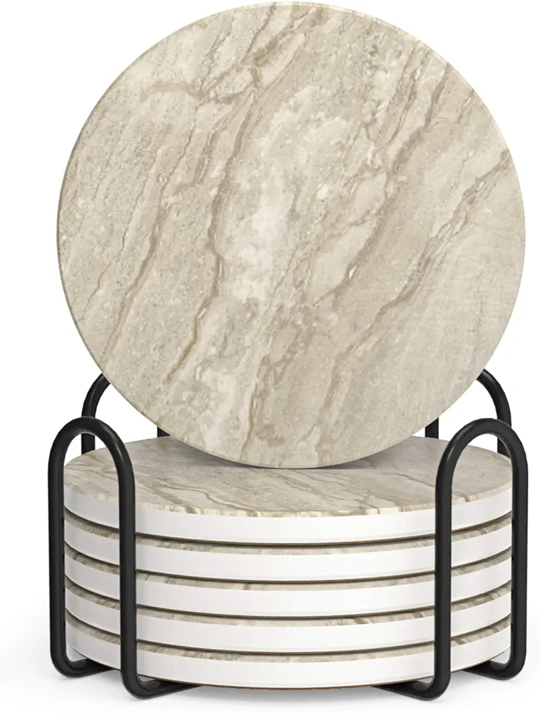 LIFVER Coasters Set of 6 Absorbent Drink Coasters with Holder, Marble Style Ceramic Thirstystone Coasters for Home Decor Coffee Table Protection, 4 Inches Suitable for Kinds of Cups Housewarming Gift
