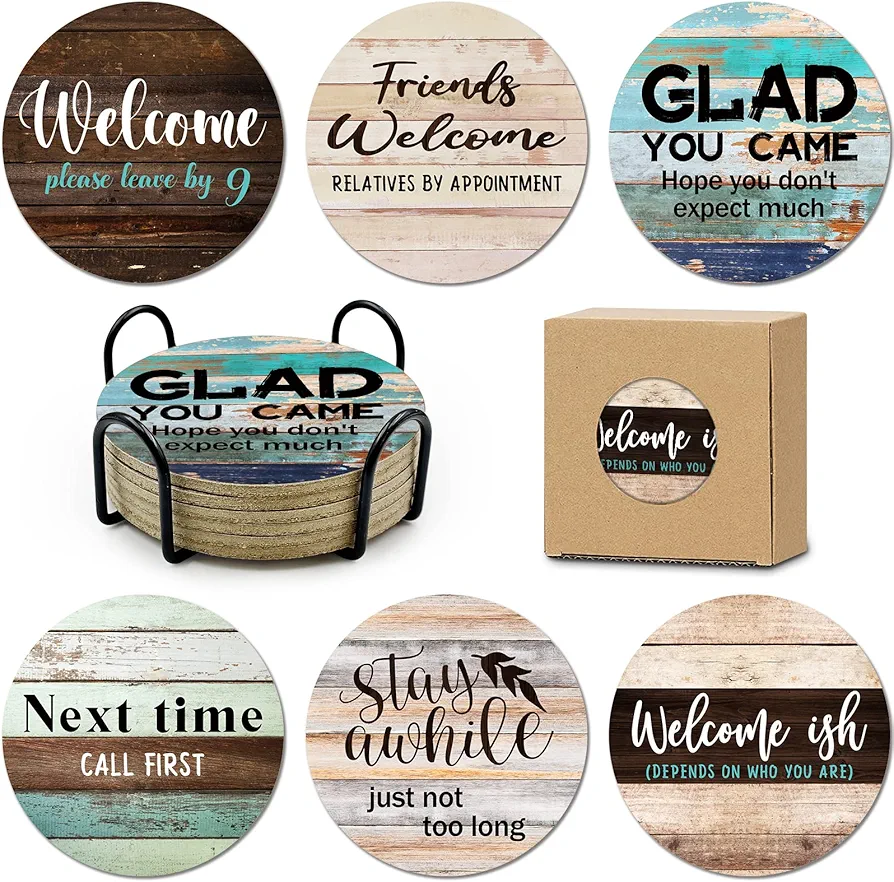6 PCS Sarcastic Absorbent Cork Coasters for Drinks,Farmhouse Bar Coasters for Drinks with Holder,Funny Coasters to Protect Your Coffee Table,Gift for New Home Housewarming Bar Decor