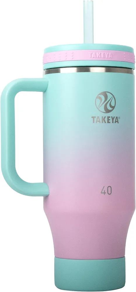 Takeya 40 oz Stainless Steel Tumbler with Lid and Two Straws, Premium Quality, Double Wall Insulated, With Handle, Keep Drinks Cold for Up to 24 Hours, Ombre Dream