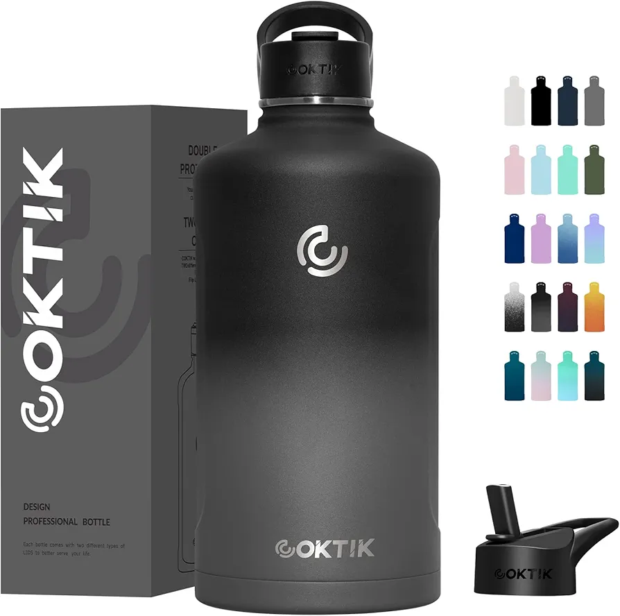 COKTIK 128 oz/One Gallon Water Bottle Insulated, Double Walled Vacumm Metal Stainless Steel Sports Water Bottle with Reusable 2 Lids for Sports, Gym, Fitness or Office(Gray Gradient)