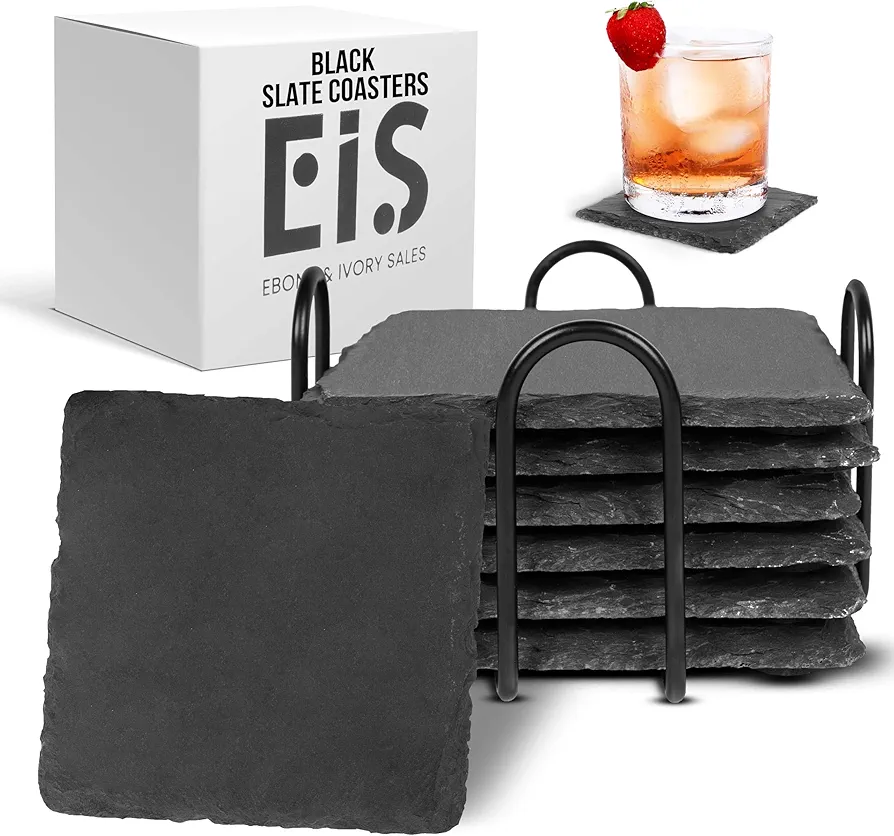 EBONY & IVORY SALES Slate Coasters Set of 6, 4" Enamel Coated Stone Coasters for Drinks, Black Coasters with Holder & Scratch-Free Clips, Engravable Blank Coasters Table Decore Supplies (6)