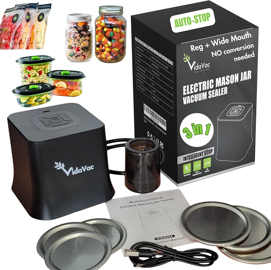 Multifunctional Electric Mason Jar Vacuum Sealer –Compatable with Regular & Wide Mouth Jars, Containers, Bags & Wine Bottles – Canning/Pickling/Fermanting and Storage Solution.