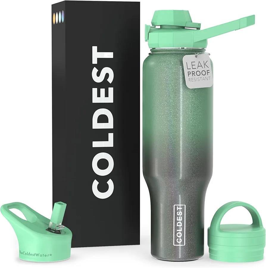 COLDEST Sports Water Bottle - 3 Lids (Chug Lid, Straw Lid, Handle Lid) Tumbler with Handle on Lid Water Bottles Cup Vacuum Insulated Stainless Steel, Fits Cirkul Lid (46 oz, Milky Way Green Glitter)