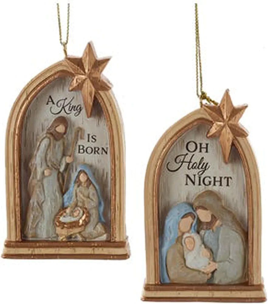 Kurt Adler A King is Born - Oh Holy Night - Arch Window Nativity Holy Family - 3.75 Inch Golden Brown Resin Christmas Tree Ornament; Set of 2