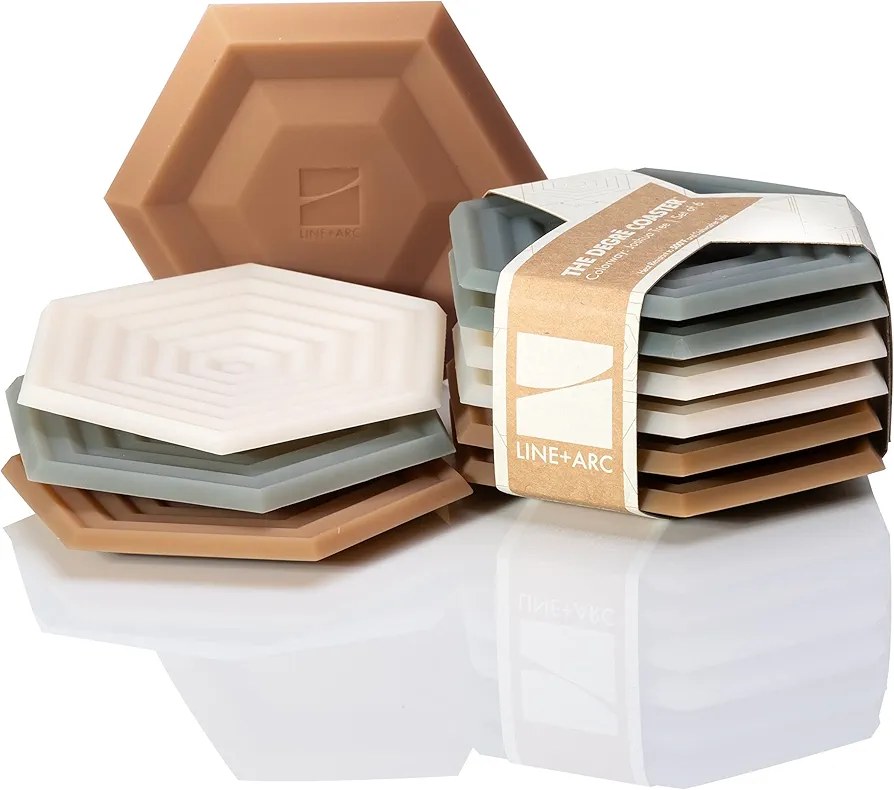 The Original Degrē Coaster (Set of 6, Joshua Tree) by LINE+ARC. 10mm Thick Dishwasher Safe Stain-Resistant Outdoor Coffee Table Silicone Modern Hexagon Mid Century Cup Drink Rubber Non-Absorbent