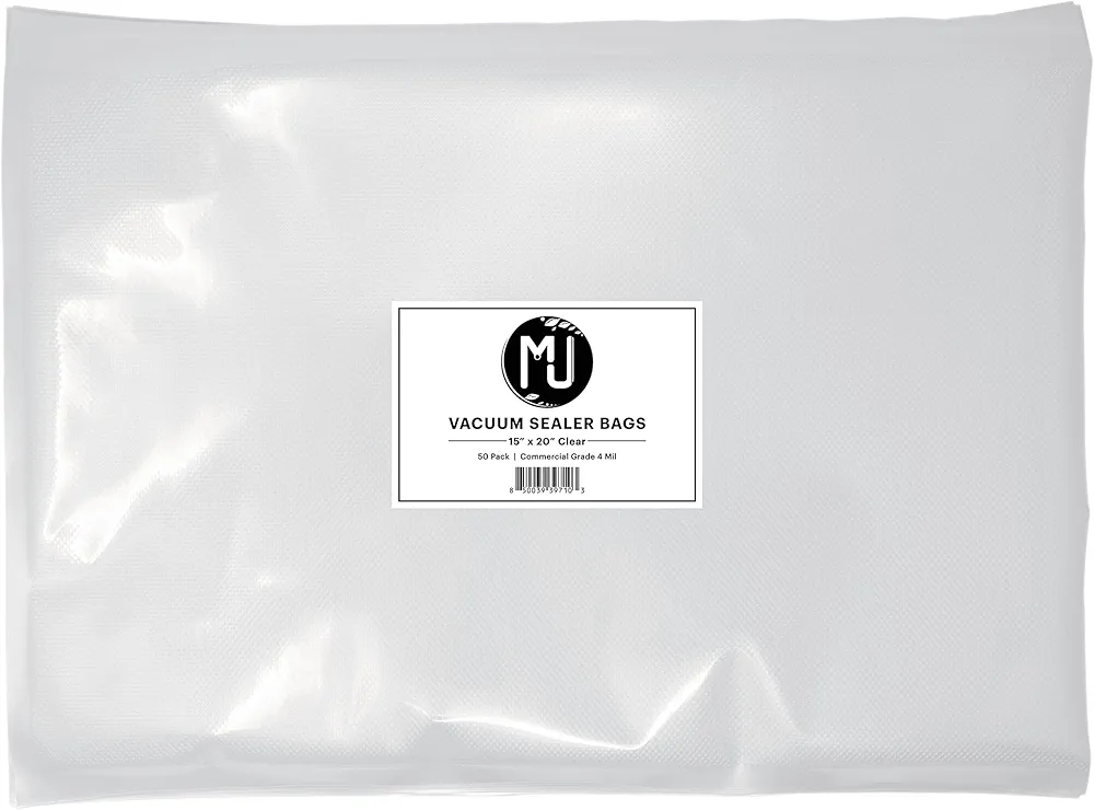 MJ Commercial-Grade Vacuum Sealer Bags for Food Storage, Sous Vide | 50 Pack (15" x 20" 4 Mil, Clear)