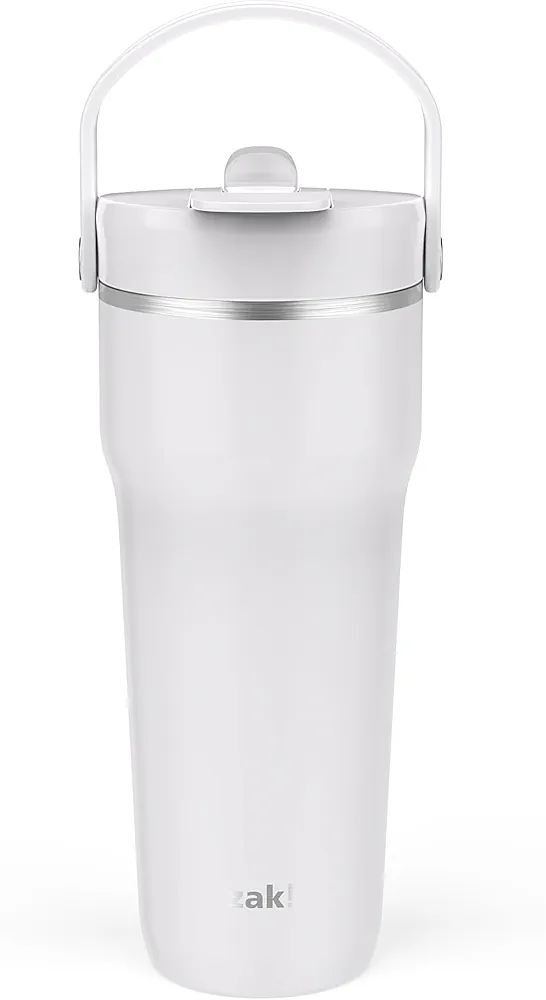 Zak Designs Harmony 2-in-1 Coffee Tumbler for Travel or At Home, 30oz Recycled Stainless Steel is Leak-Proof When Closed and Vacuum Insulated with Handle (Linen White)