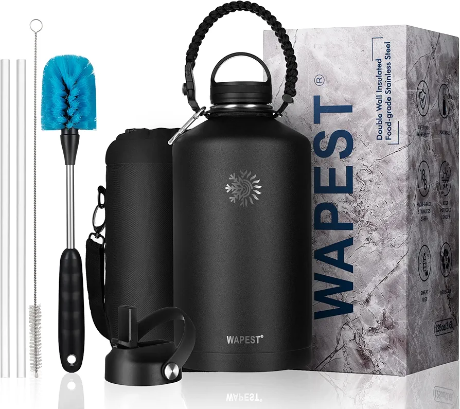One Gallon Water Bottle - WAPEST 128 oz Large Water Jug Double Walled Vacuum Stainless Steel Insulated Water Bottle with Paracord Handle, Bottle Brush, Carrying Pouch & 2 Lids - Leakproof, Black