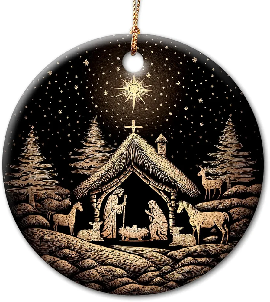 Nativity Scene Ceramic Ornament Decor Christmas - Birth of Jesus Ornaments - Religious Gift for Christian Women, Men, Family, Friend, Neighbor, Coworker, Teacher - Exchange Gifts