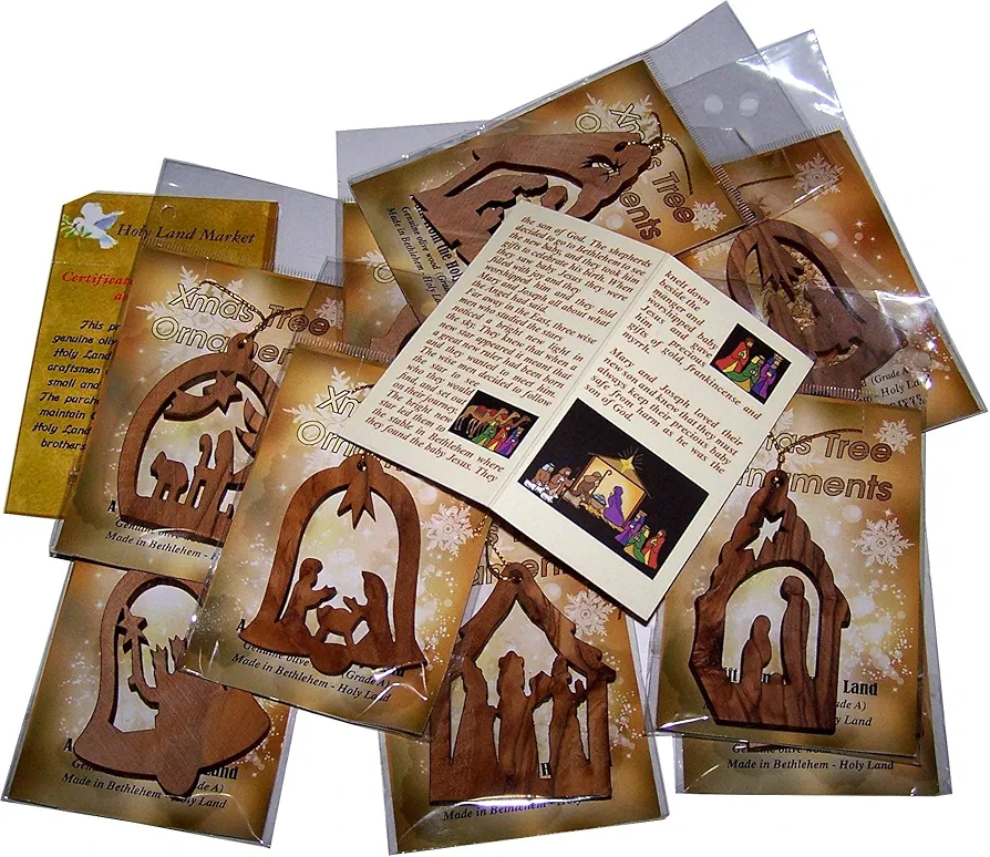 Holy Land Market Olive Wood Ornaments - Set of 12 Flat Christmas Decorations with Nativity Story Booklet, Inspirational Hand Carved Christmas Decor, Christian Christmas Ornaments from Bethlehem