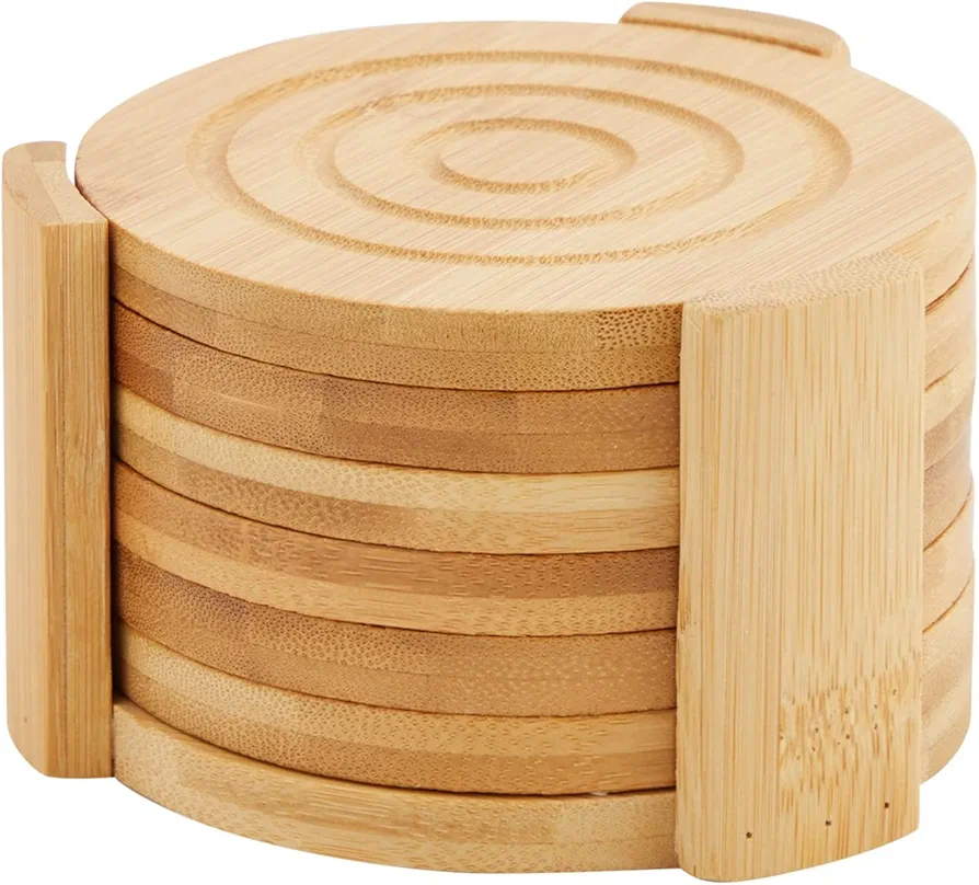 Juvale Set of 6 Bamboo Wood Coasters with Holder for Coffee Table, Hot Drinks, Beverages, Housewarming Gift (4.3 in)