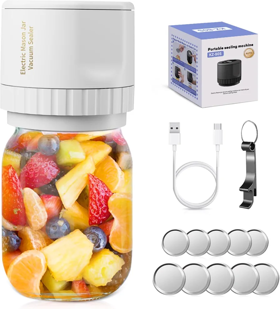 Mason Jar Vacuum Sealer Upgrade Auto Stop Electric Mason Jar Vacuum Sealer Kit 80kPa Mason Jar Vacuum Sealer with Wide and Regular Mouth Lids (White)
