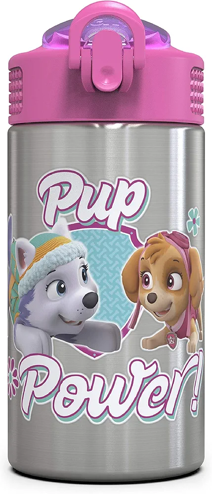 Zak Designs Paw Patrol Skye - Stainless Steel Water Bottle with One Hand Operation Action Lid and Built-in Carrying Loop, Straw Spout is Perfect for Kids (15.5 oz, BPA-Free)
