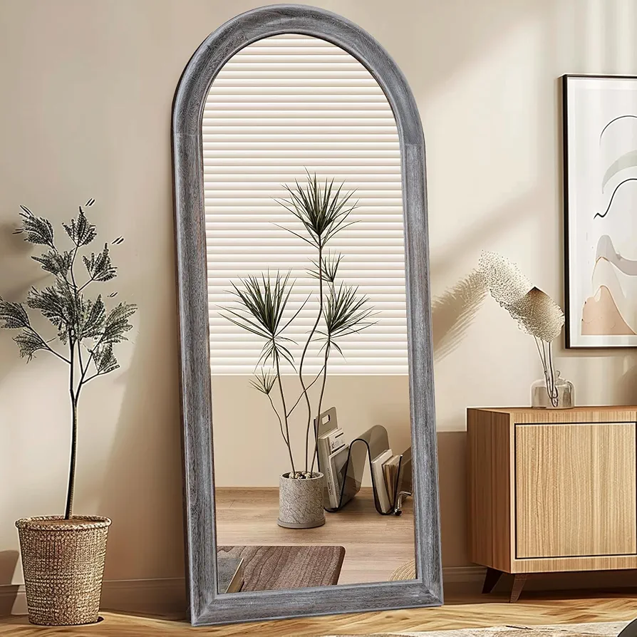 71"x32" Arched Large Full Length Mirror Solid Wood Frame Floor Large Mirror for Living Room, Bedroom Hanging Leaning Wall-Mounted, Grey Brown
