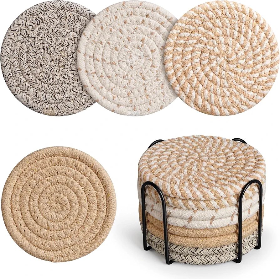 Drink Coasters with Holder, 4 Colors Absorbent Coasters, Cotton Woven Coasters Set of 8 for Table Protection, Home Decor, Housewarming Gift