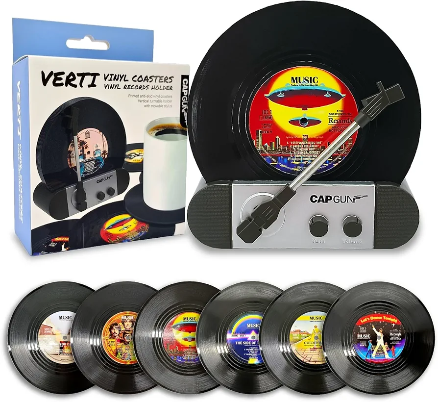 Funny Retro Vinyl Record Coasters, Creative Drink Coasters Set of 6 with Vinyl Record Player Holder for Music Lovers, Housewarming Hostess Gifts, Birthday and White Elephant Gifts Ideas