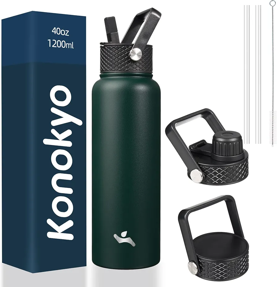 40oz Insulated Water Bottle Sport Stainless Steel Water Bottles With 3 Lids,Army Green