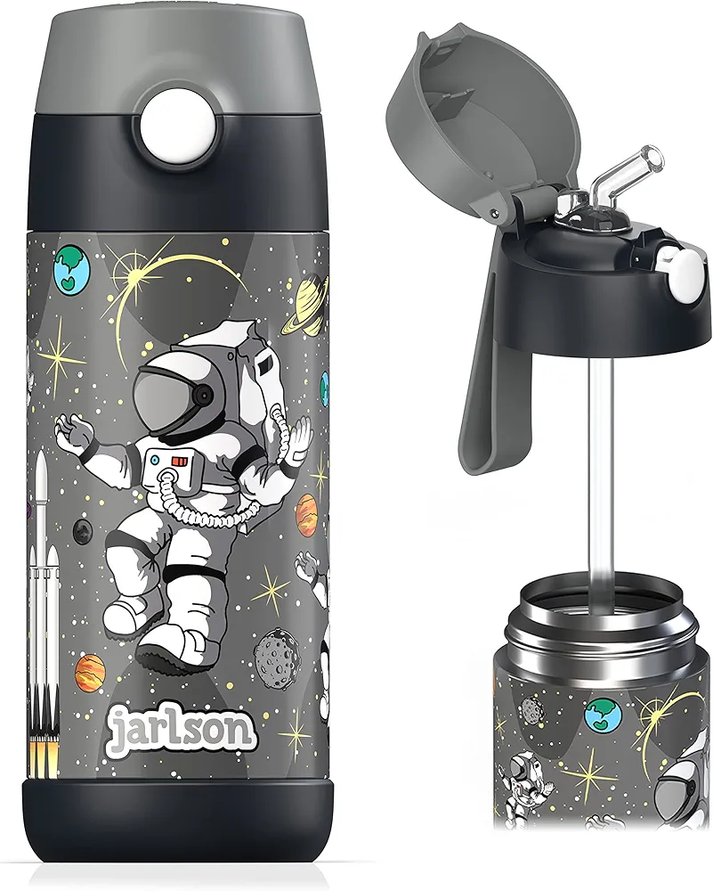kids water bottle with straw - CHARLI - insulated stainless steel water bottle - thermos - girls/boys (Astronaut 'Star', 12 oz)