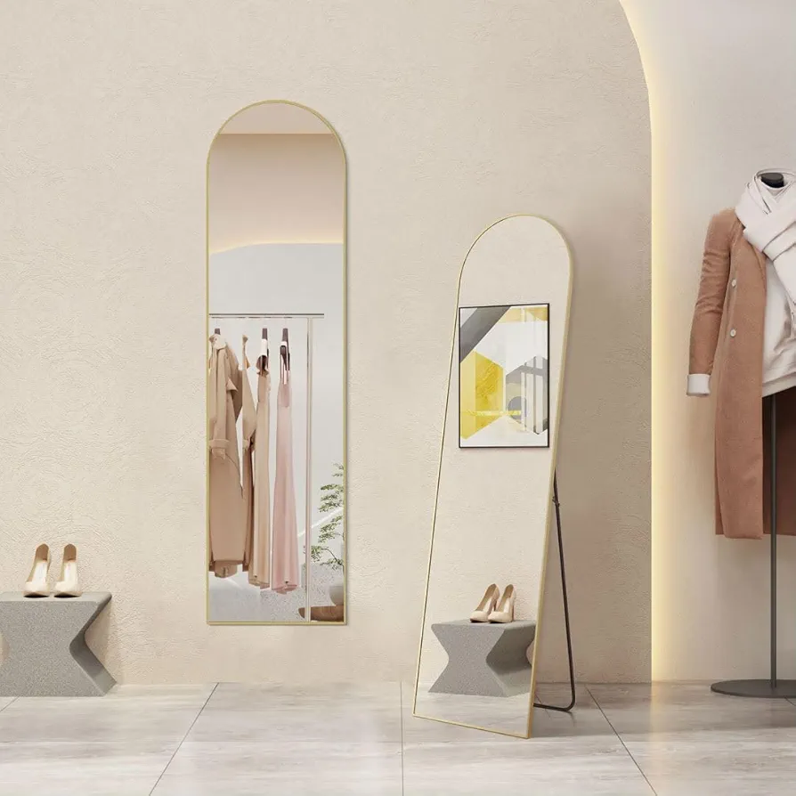 Arched Full Length Mirror, 59"x 16" Floor Mirror with Aluminum Alloy Thin Frame, Full Body Mirror Hanging or Leaning for Wall Bedroom Dressing Mirror Home Decor, Gold