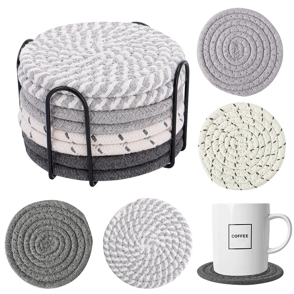 Handmade Woven Drink Coasters with Holder, 8 Pcs BOHO Coasters for Home Decor, Heat-resistant Farmhouse Cotton Table Absorbent Coasters for Kinds of Cups New House Gift(4.3in, Grey/White)