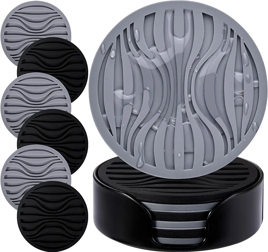 6 Pcs Silicone Coasters for Drinks,Reusable Coasters with Holder,Wavy Style Grooved Pattern,Office Coaster Tabletop Protection Coasters for Coffee Table Kitchen Heat Resistant-Black