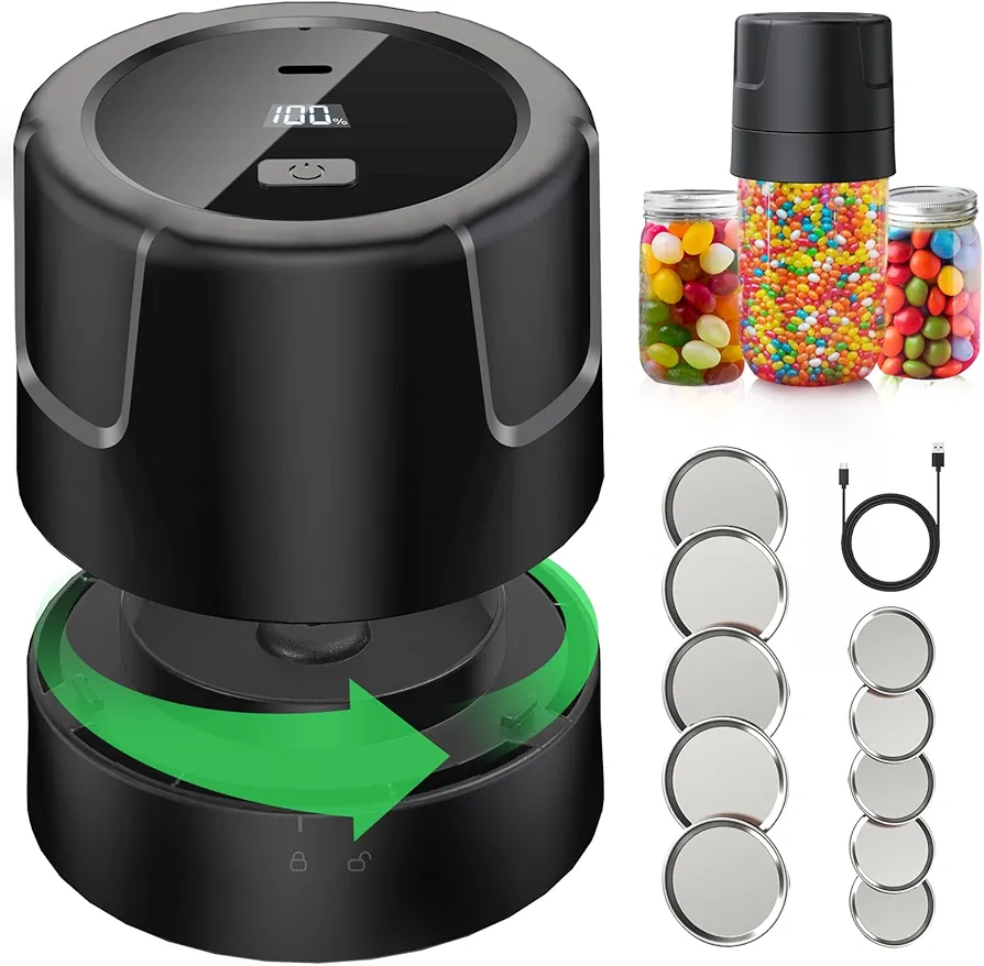 Electric Mason Jar Vacuum Sealer - Vacuum Sealer for Jars, Electric Vacuum Sealer for Mason Jars Food Storage, Jar Vacuum Sealer for Canning Jars with Mouth and Regular Mason Lids