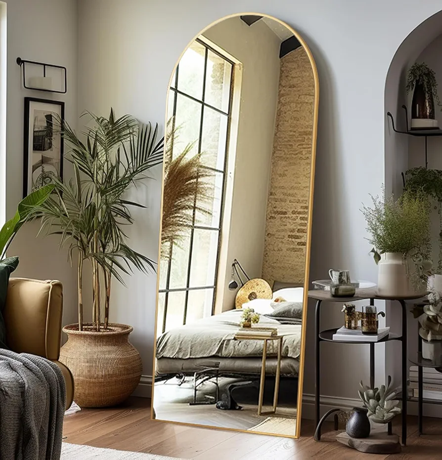Arched Floor Mirror, 65 "x 21" Full Length Mirror Wall Mirror Hanging or Leaning Arched-Top Full Body Mirror with Stand for Bedroom, Dressing Room, Gold