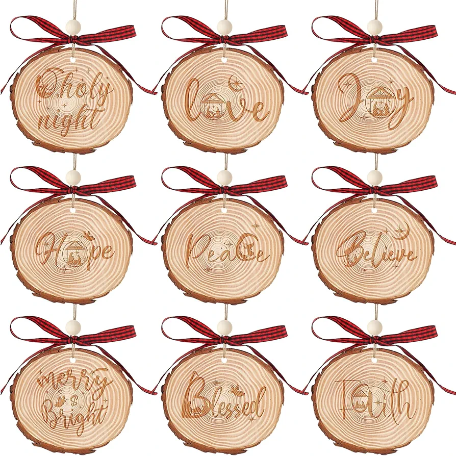 Nativity Christmas Tree Ornament Set of 9, Buffalo Plaid The Birth of Jesus Christian Wooden Ornament for Rustic Farmhouse Decorations Holiday Decor Religious Gift